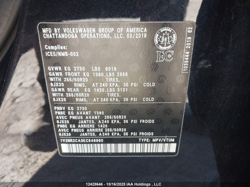 2019 Volkswagen Atlas Sel Premium VIN: 1V2NR2CA3KC548960 Lot: 12428646