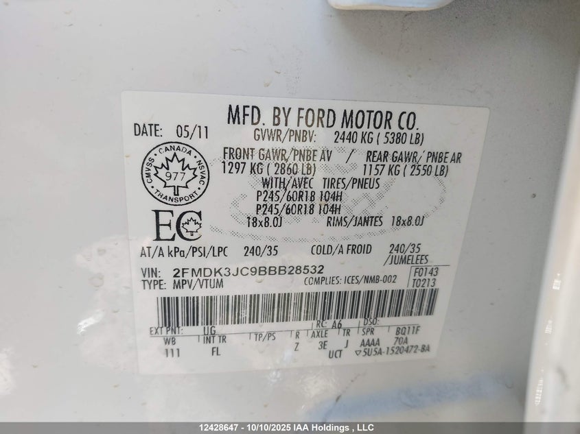 2FMDK3JC9BBB28532 2011 FORD EDGE photo no. 9