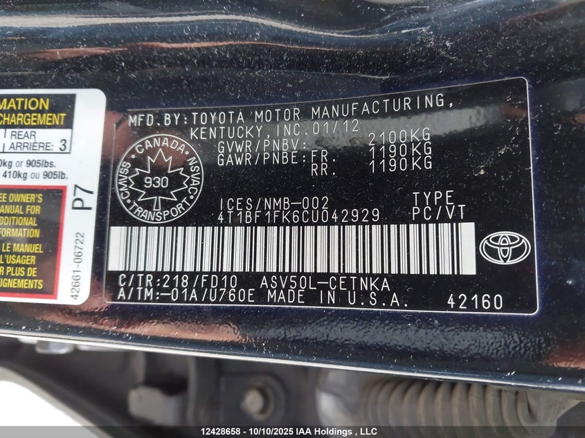 4T1BF1FK6CU042929 2012 TOYOTA CAMRY photo no. 9