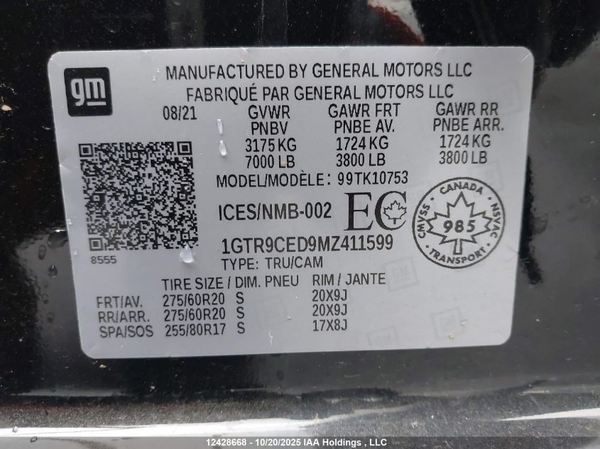 2021 GMC Sierra 1500 Elevation VIN: 1GTR9CED9MZ411599 Lot: 12428668