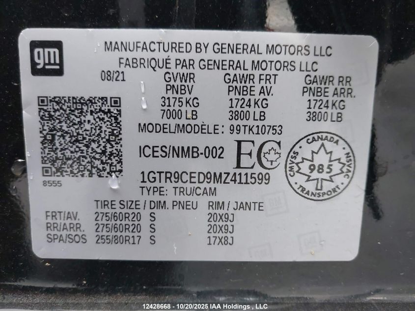 2021 GMC Sierra 1500 Elevation VIN: 1GTR9CED9MZ411599 Lot: 12428668