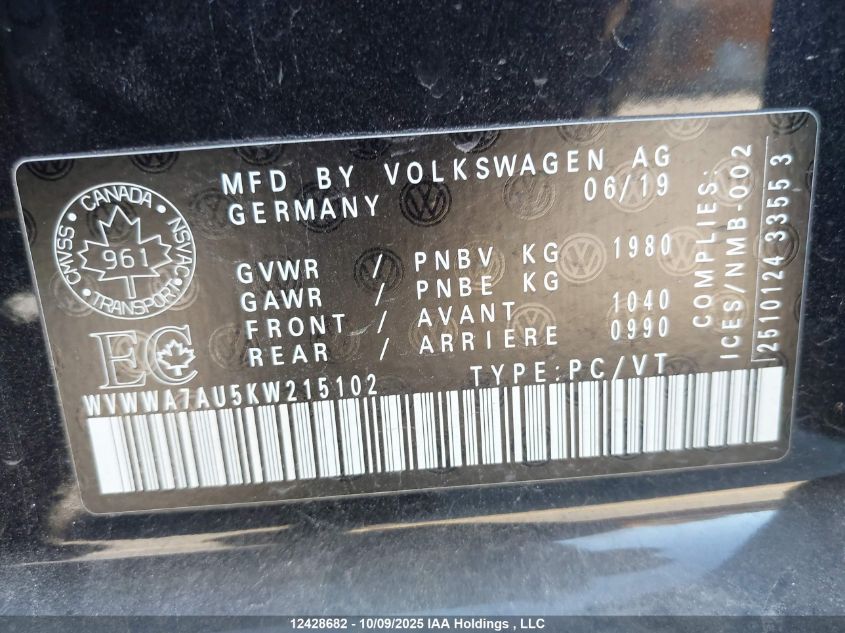 2019 Volkswagen Golf R 2.0 Tsi VIN: WVWWA7AU5KW215102 Lot: 12428682