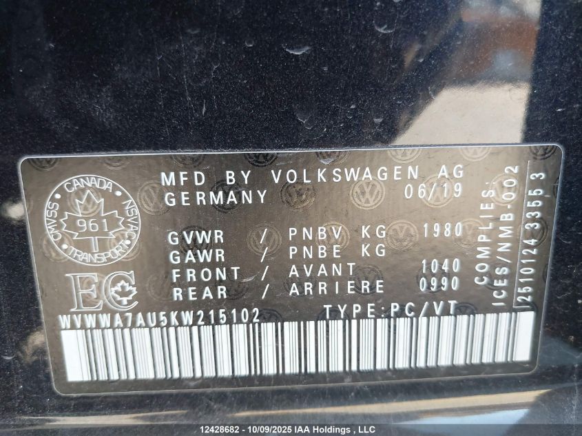 2019 Volkswagen Golf R 2.0 Tsi VIN: WVWWA7AU5KW215102 Lot: 12428682