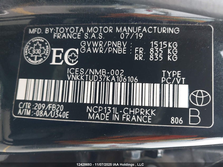 VNKKTUD37KA106106 2019 TOYOTA YARIS photo no. 18