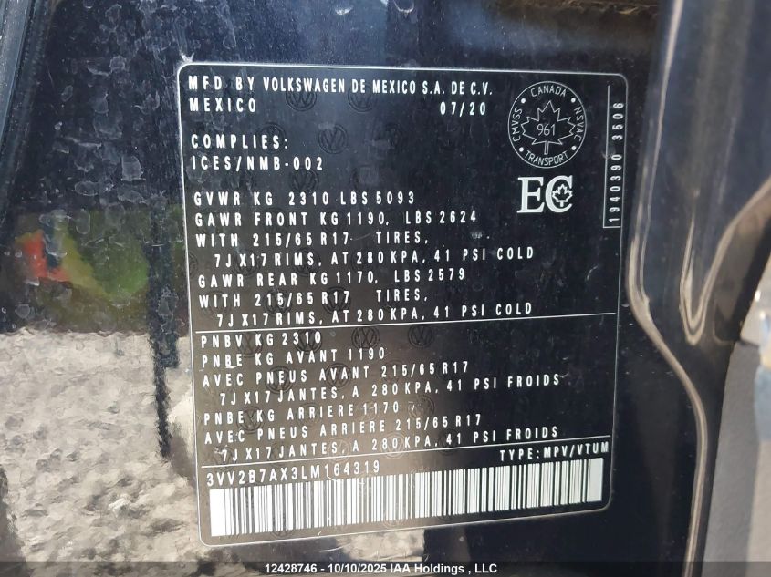 2020 Volkswagen Tiguan Se/Sel VIN: 3VV2B7AX3LM164319 Lot: 12428746