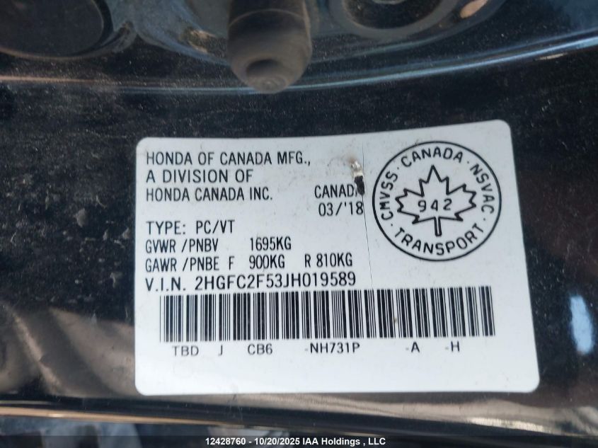 2018 Honda Civic Lx VIN: 2HGFC2F53JH019589 Lot: 12428760