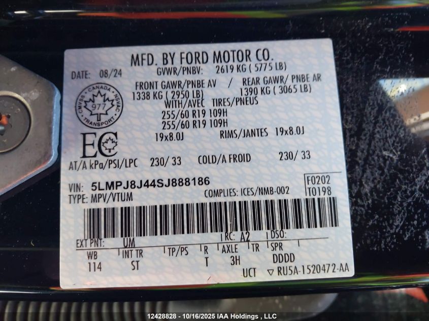 2025 Lincoln Nautilus VIN: 5LMPJ8J44SJ888186 Lot: 12428828