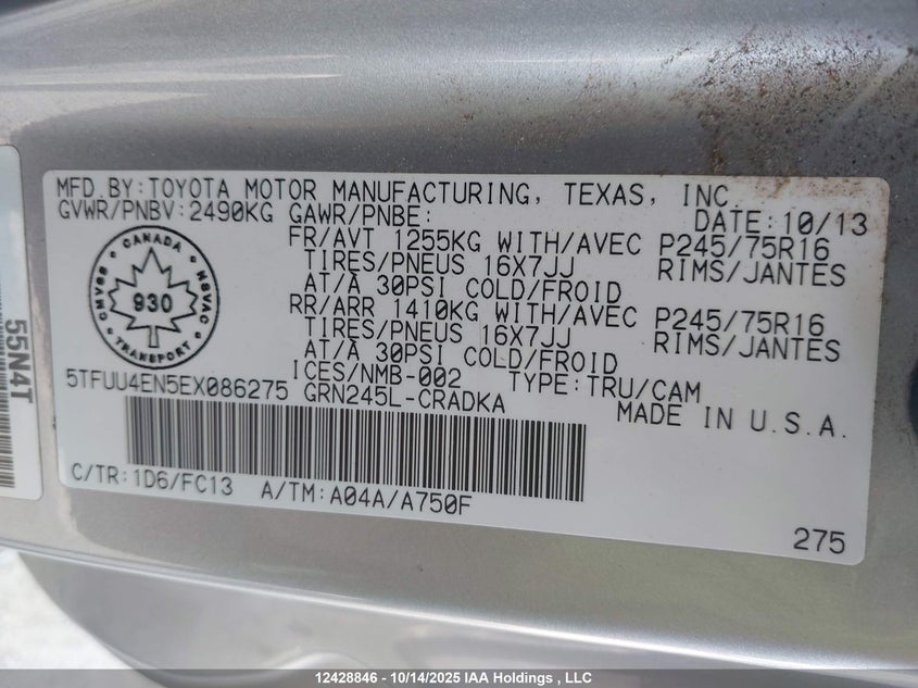 5TFUU4EN5EX086275 2014 TOYOTA TACOMA photo no. 9