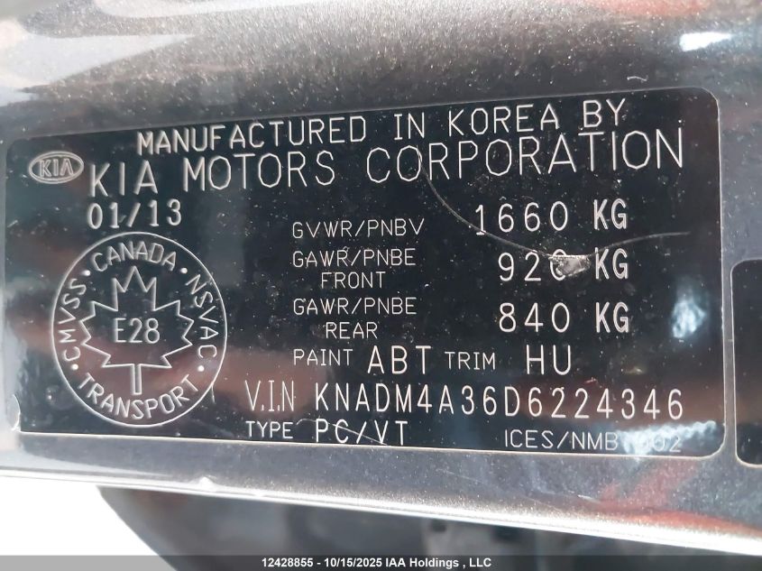 2013 Kia Rio VIN: KNADM4A36D6224346 Lot: 12428855