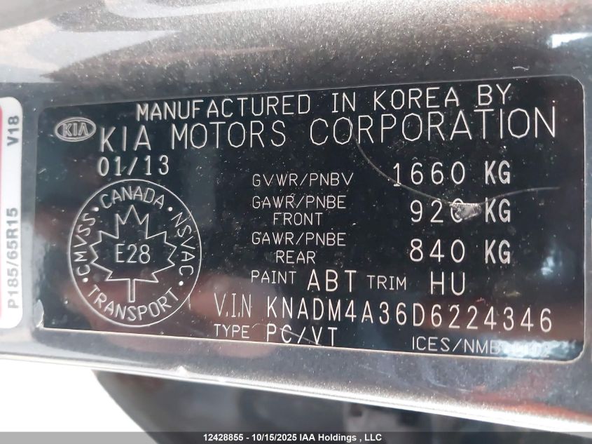 2013 Kia Rio VIN: KNADM4A36D6224346 Lot: 12428855