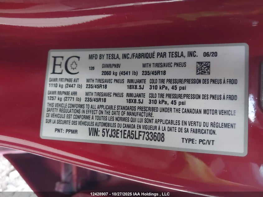 5YJ3E1EA5LF733608 2020 TESLA MODEL 3 photo no. 9