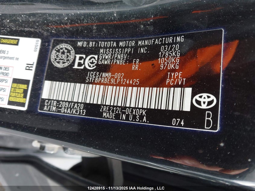 5YFBPRBE9LP124425 2020 TOYOTA COROLLA photo no. 9