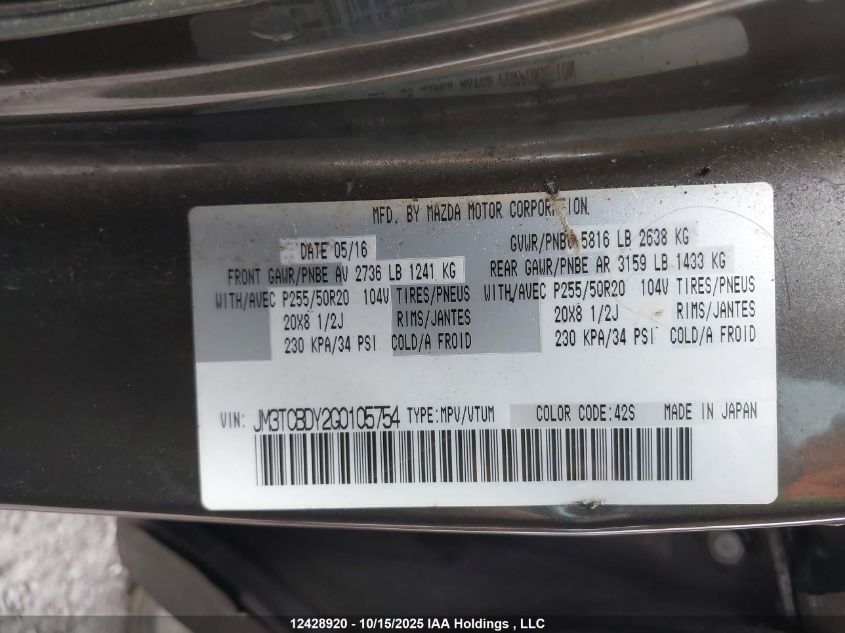 2016 Mazda Cx-9 Grand Touring VIN: JM3TCBDY2G0105754 Lot: 12428920