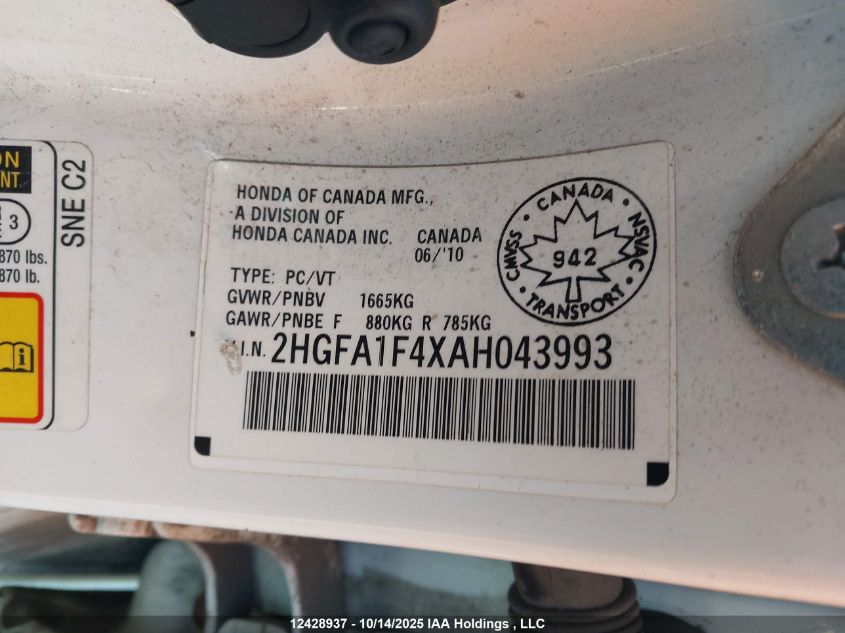 2010 Honda Civic Dx-G VIN: 2HGFA1F4XAH043993 Lot: 12428937
