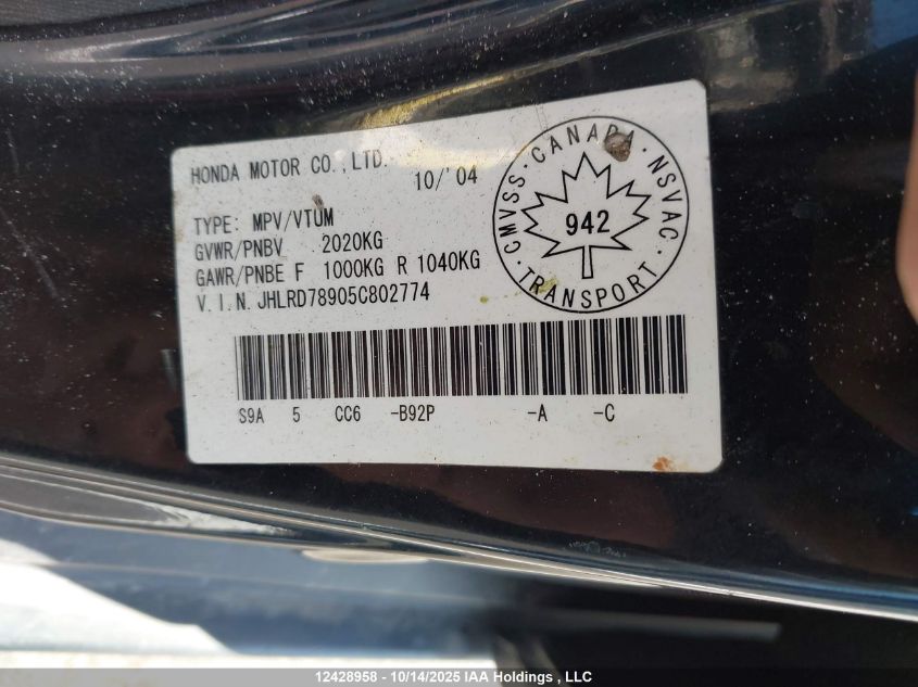 2005 Honda Cr-V Ex-L VIN: JHLRD78905C802774 Lot: 12428958