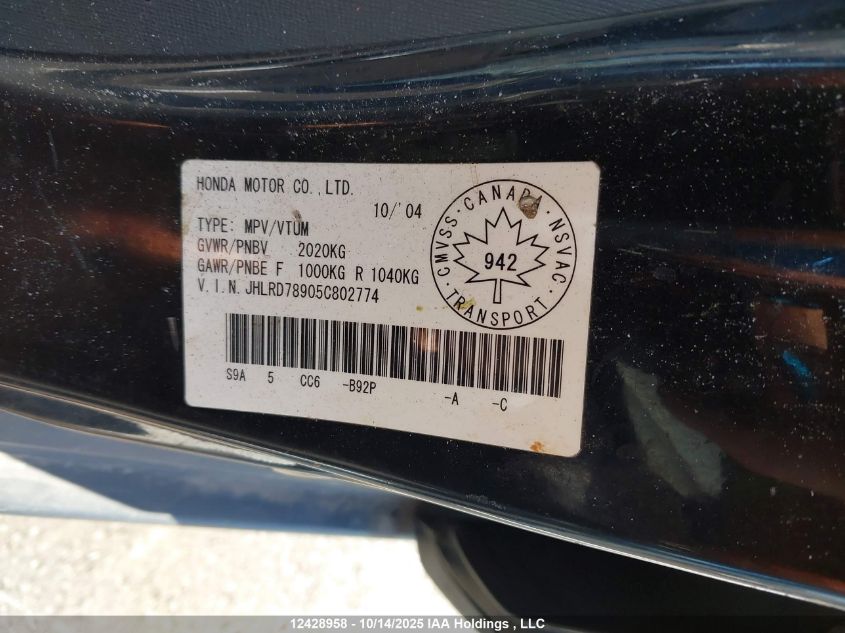 2005 Honda Cr-V Ex-L VIN: JHLRD78905C802774 Lot: 12428958