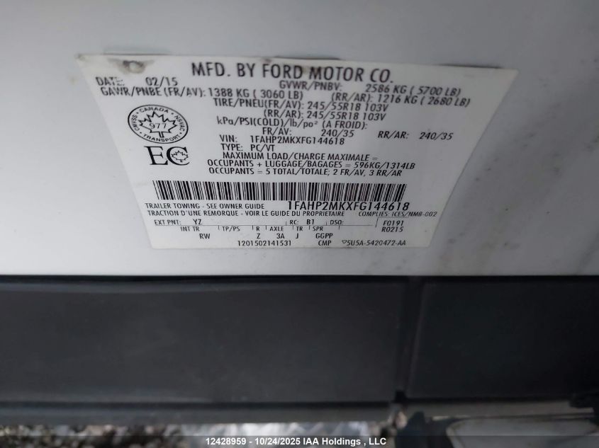 2015 Ford Taurus Police Interceptor VIN: 1FAHP2MKXFG144618 Lot: 12428959