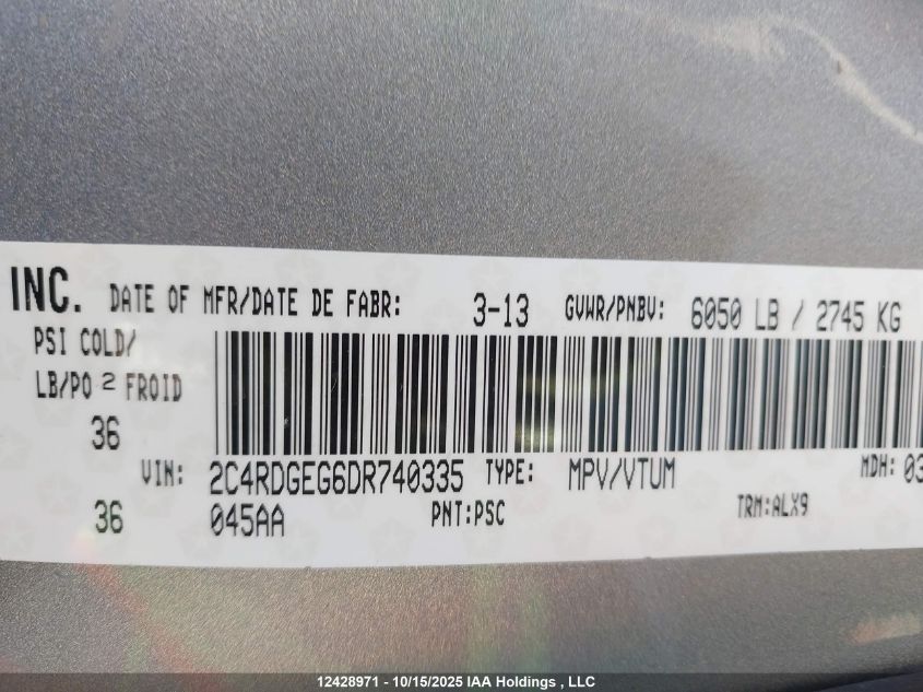 2013 Dodge Grand Caravan R/T VIN: 2C4RDGEG6DR740335 Lot: 12428971