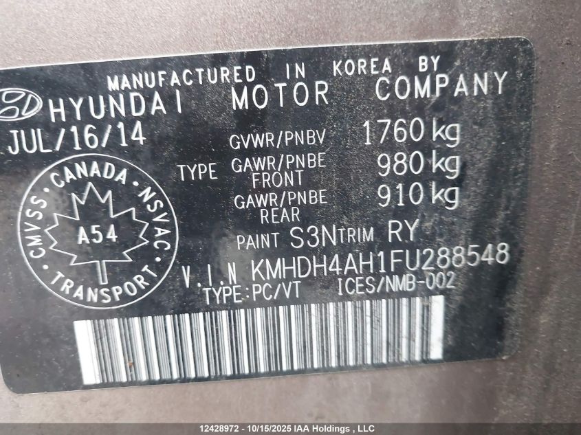 2015 Hyundai Elantra Se/Sport/Limited VIN: KMHDH4AH1FU288548 Lot: 12428972