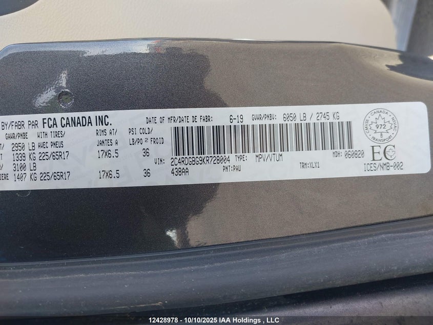 2C4RDGBG9KR728004 2019 DODGE CARAVAN photo no. 19