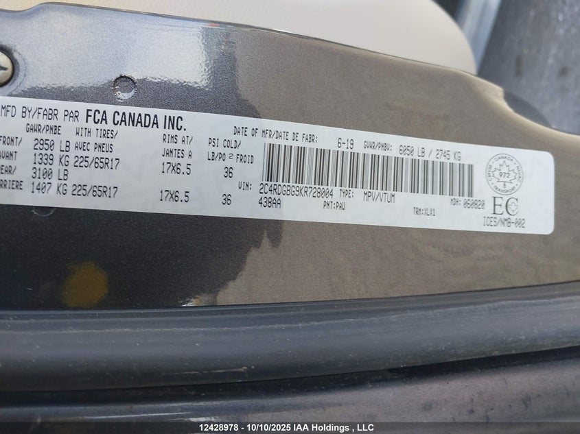2C4RDGBG9KR728004 2019 DODGE CARAVAN photo no. 9