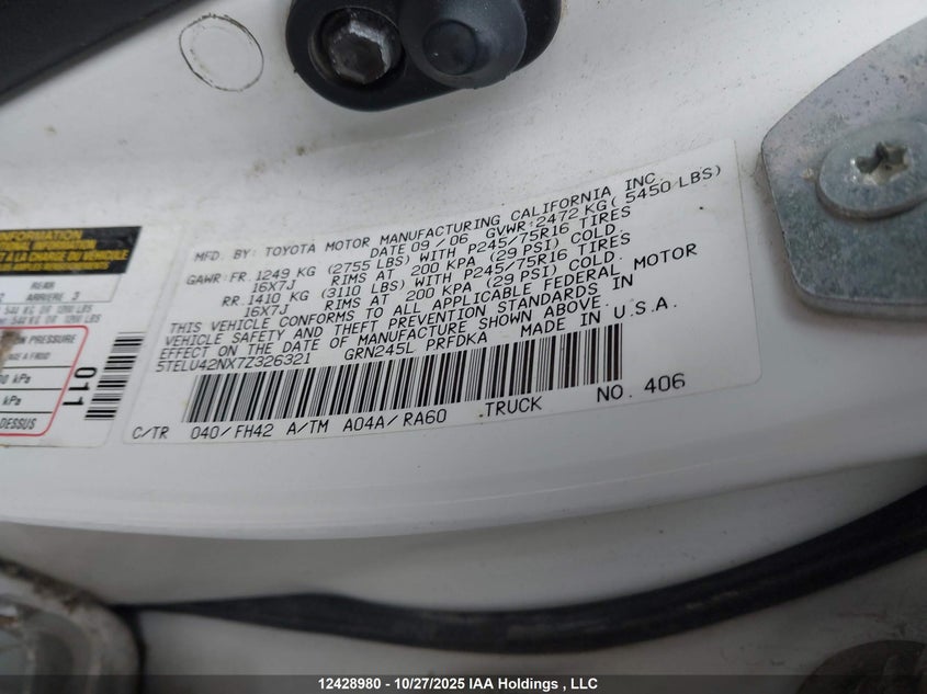 5TELU42NX7Z326321 2007 TOYOTA TACOMA photo no. 18