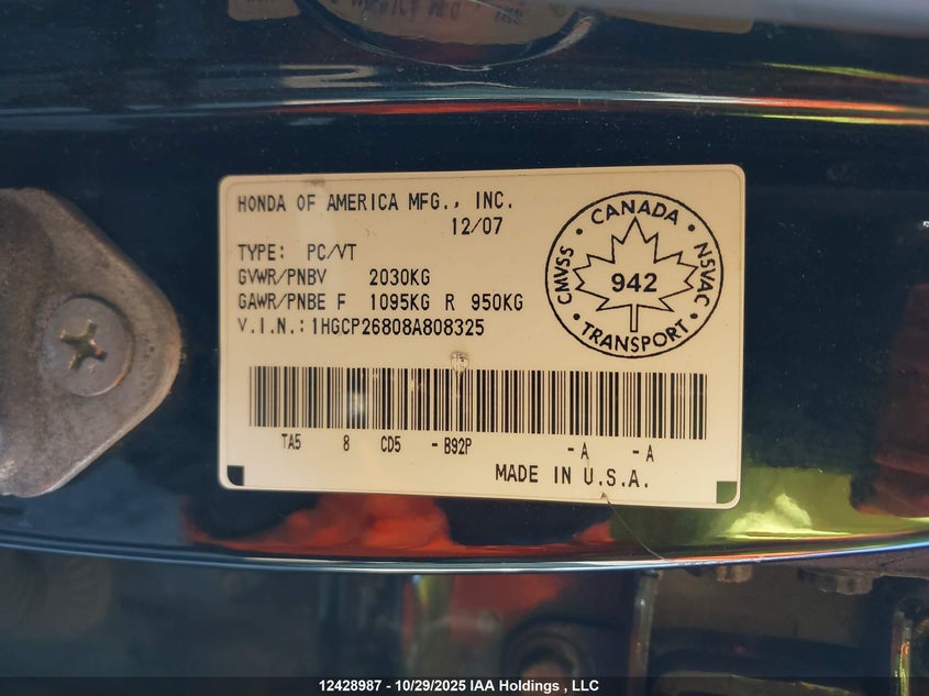 1HGCP26808A808325 2008 HONDA ACCORD photo no. 9