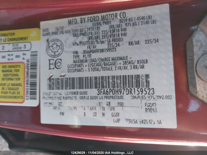 2013 Ford Fusion Se VIN: 3FA6P0H97DR159523 Lot: 12429029