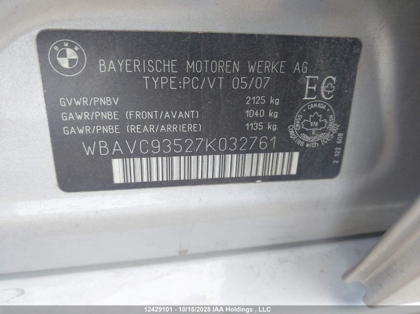 2007 BMW 328 Xi VIN: WBAVC93527K032761 Lot: 12429101