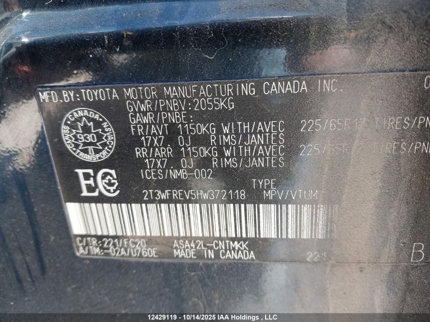 2017 Toyota Rav4 Xle VIN: 2T3WFREV5HW372118 Lot: 12429119