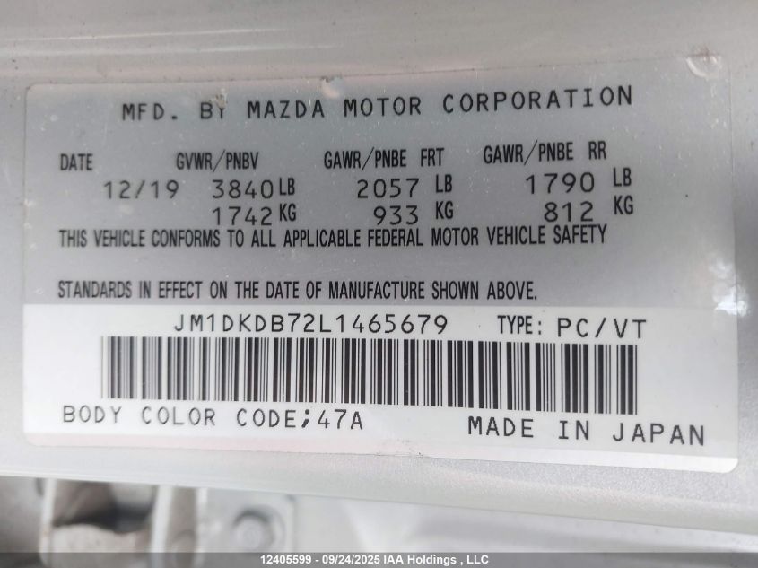 2020 Mazda Cx-3 Gx VIN: JM1DKDB72L1465679 Lot: 12405599X