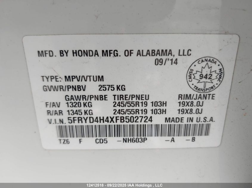 2015 Acura Mdx Navigation Package VIN: 5FRYD4H4XFB502724 Lot: 12412518X