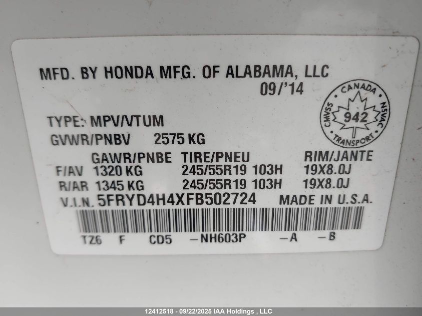 2015 Acura Mdx Navigation Package VIN: 5FRYD4H4XFB502724 Lot: 12412518X