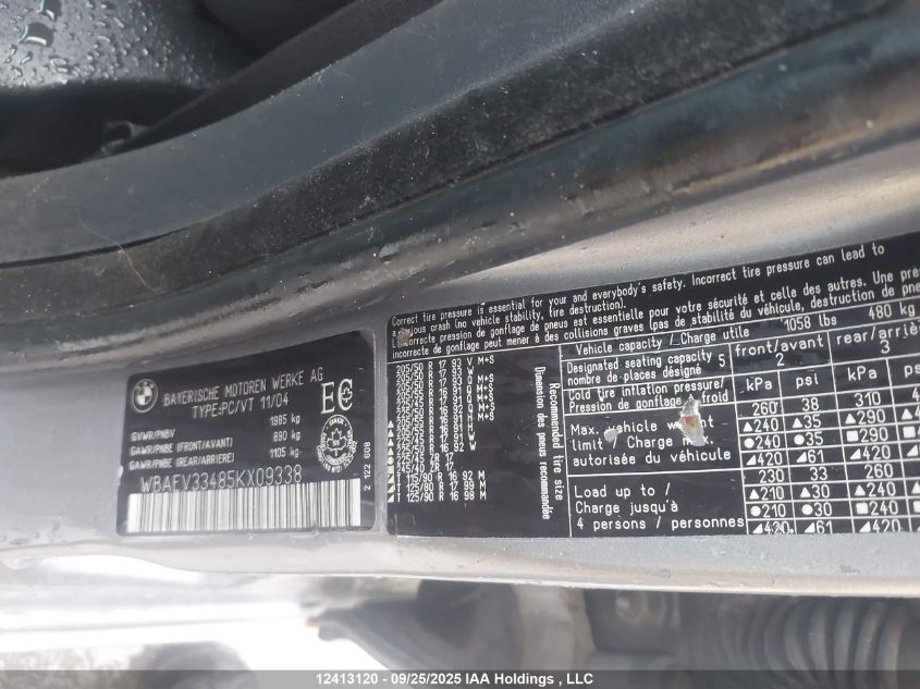 2005 BMW 325I VIN: WBAEV33485KX09338 Lot: 12413120X