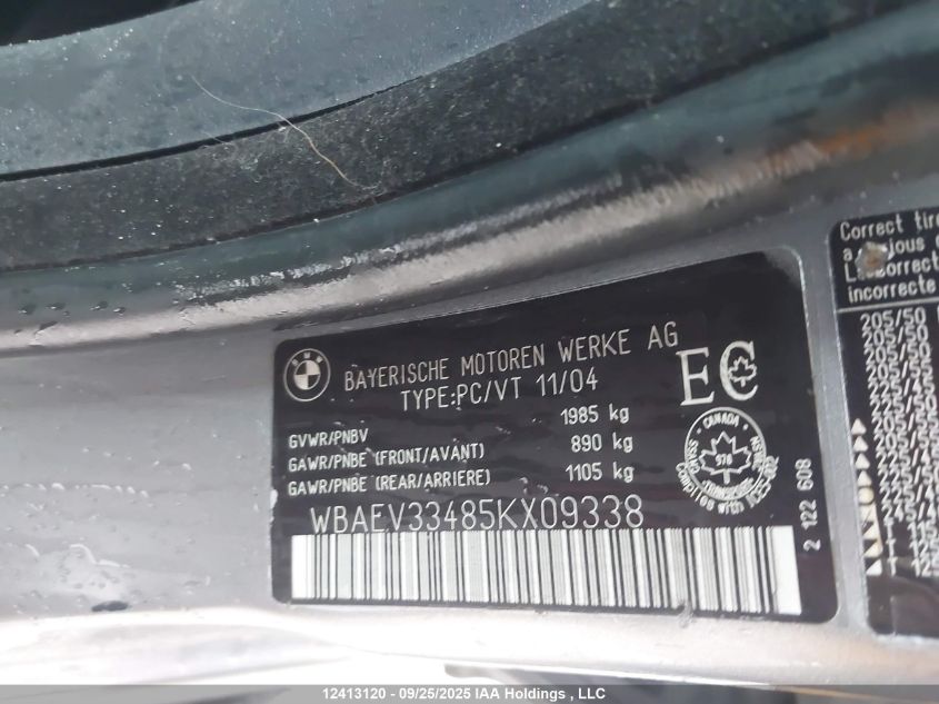 2005 BMW 325I VIN: WBAEV33485KX09338 Lot: 12413120X