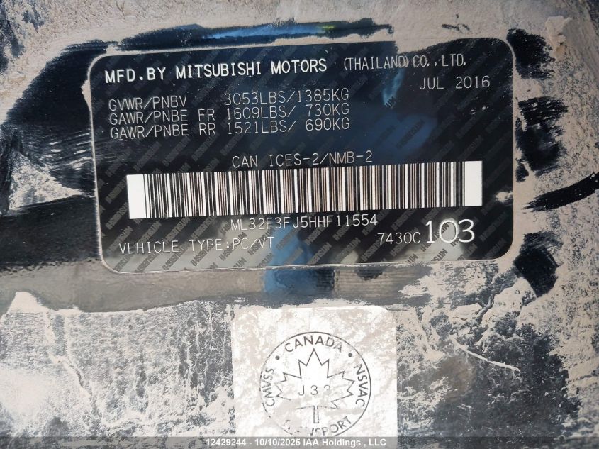 2017 Mitsubishi Mirage G4 Es VIN: ML32F3FJ5HHF11554 Lot: 12429244