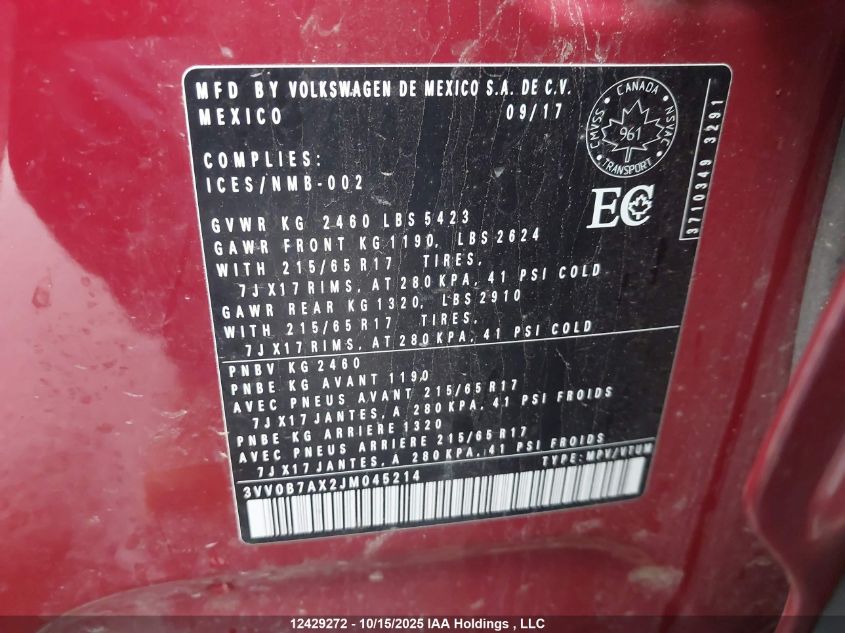 2018 Volkswagen Tiguan S VIN: 3VV0B7AX2JM045214 Lot: 12429272