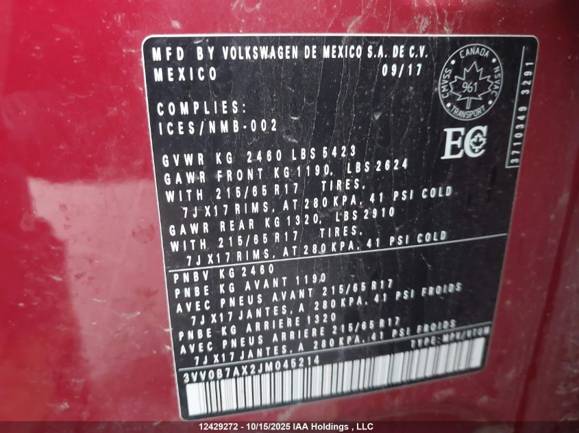 2018 Volkswagen Tiguan S VIN: 3VV0B7AX2JM045214 Lot: 12429272