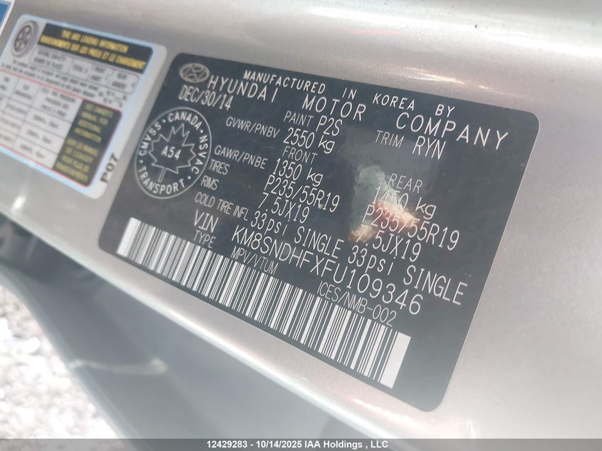 KM8SNDHFXFU109346 2015 HYUNDAI SANTA FE photo no. 9