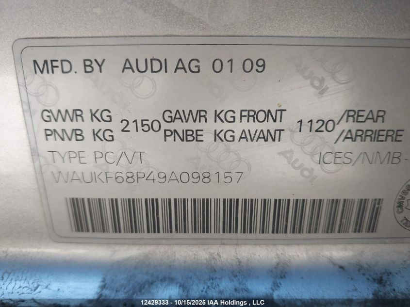 2009 Audi A3 2.0T Quattro VIN: WAUKF68P49A098157 Lot: 12429333