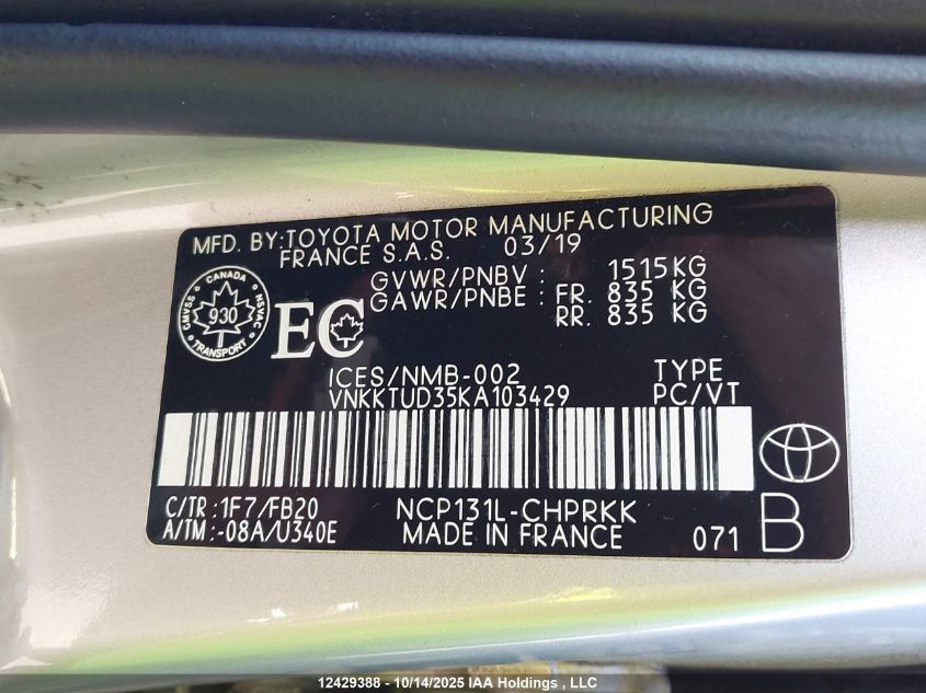 2019 Toyota Yaris VIN: VNKKTUD35KA103429 Lot: 12429388