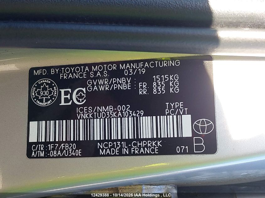 2019 Toyota Yaris VIN: VNKKTUD35KA103429 Lot: 12429388