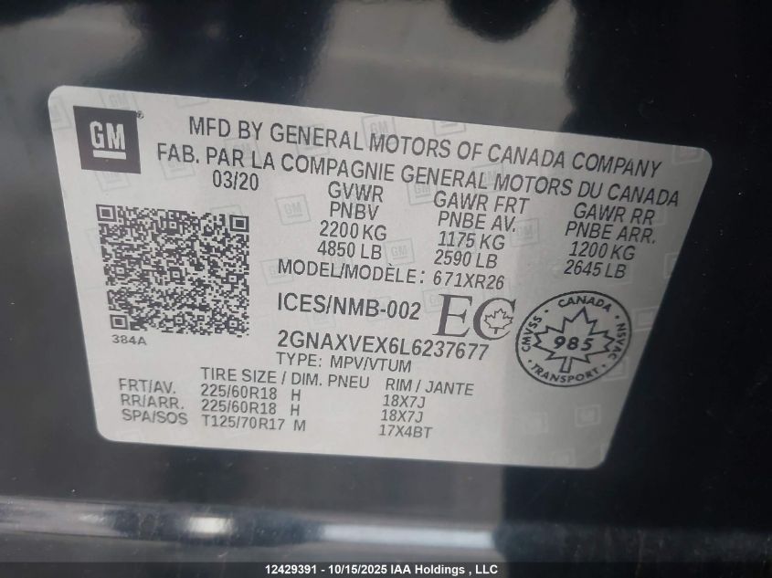 2020 Chevrolet Equinox Lt VIN: 2GNAXVEX6L6237677 Lot: 12429391