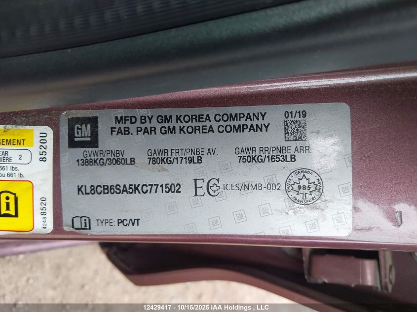 2019 Chevrolet Spark Ls VIN: KL8CB6SA5KC771502 Lot: 12429417