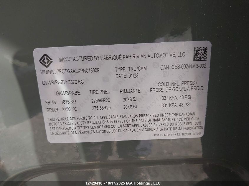 2023 Rivian R1T Launch Edition VIN: 7FCTGAALXPN018309 Lot: 12429418