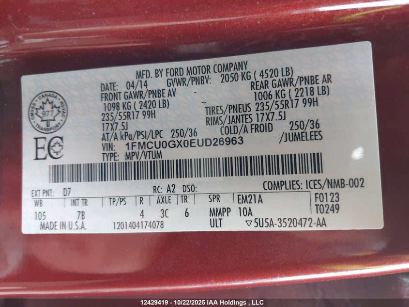 1FMCU0GX0EUD26963 2014 FORD ESCAPE photo no. 18