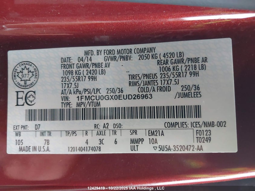 1FMCU0GX0EUD26963 2014 FORD ESCAPE photo no. 9