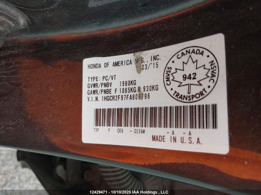 2015 Honda Accord Touring VIN: 1HGCR2F97FA806796 Lot: 12429471