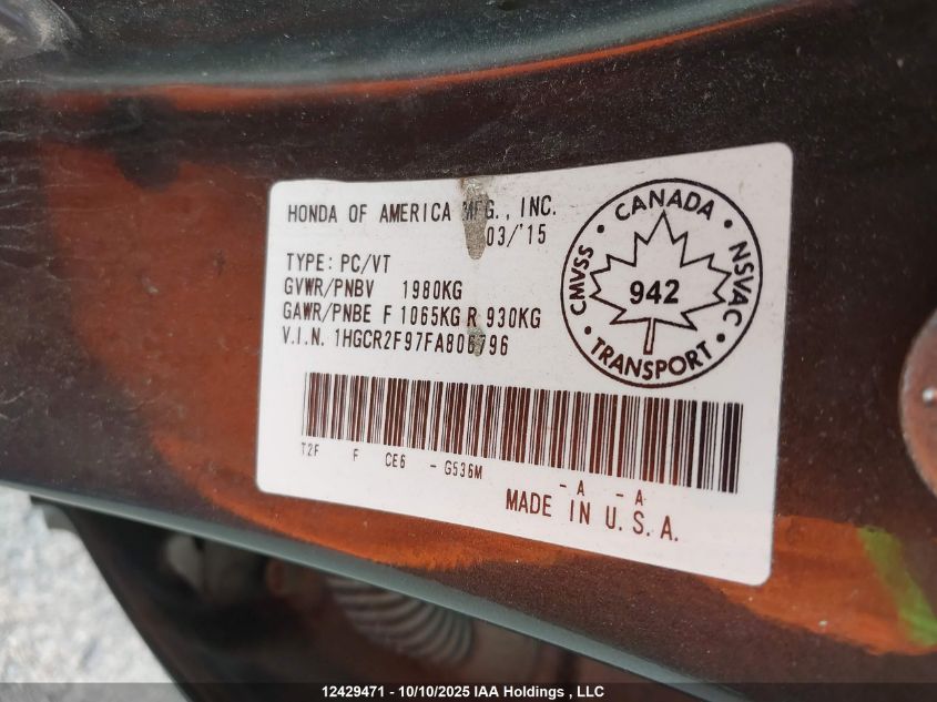 2015 Honda Accord Touring VIN: 1HGCR2F97FA806796 Lot: 12429471
