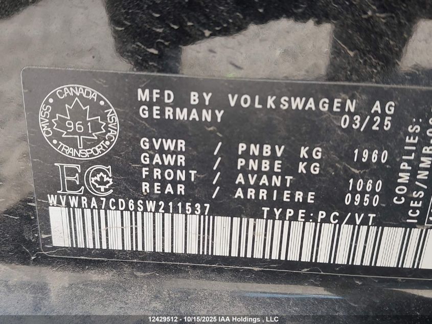 2025 Volkswagen Gti Autobahn VIN: WVWRA7CD6SW211537 Lot: 12429512